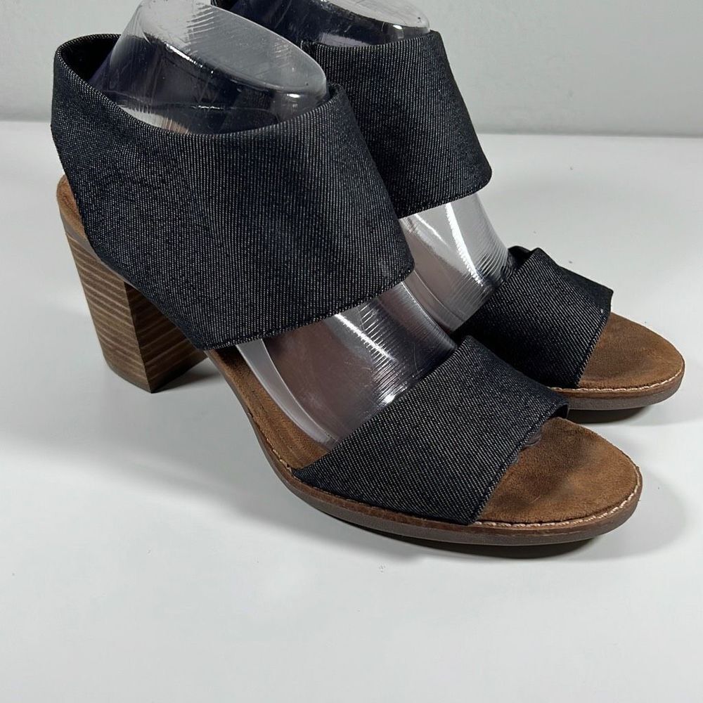 Tom’s Women's Majorca Block Heel Cut Out Wedge Sandals Black Denim Size 9.5